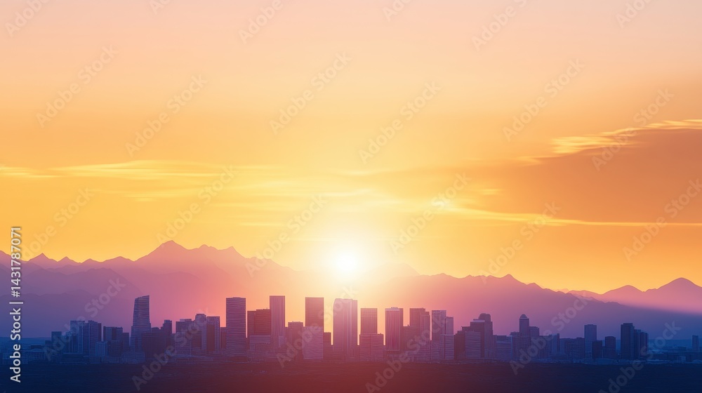 City skyline at sunset with mountains in the background, showcasing urban beauty and tranquility