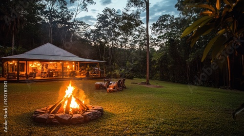 Tranquil evening fire near a rustic dwelling in the woods.