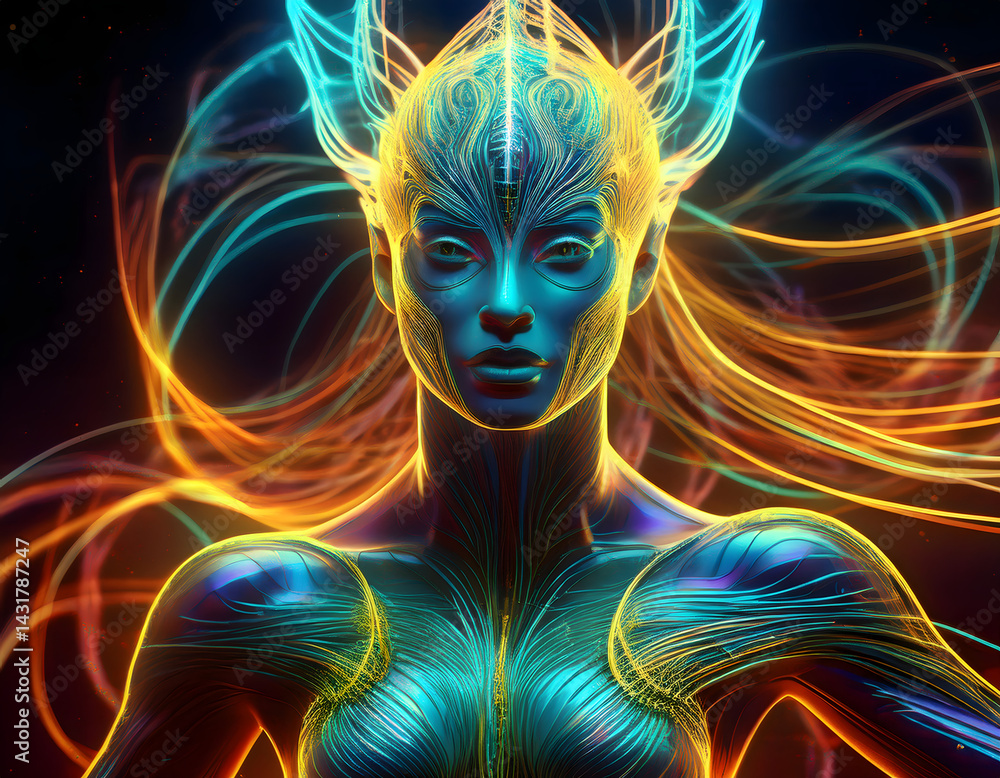 Futuristic Cyberpunk Fantasy Woman Glowing Energy Hair Digital Art Portrait Futuristic Cyberpunk Fantasy Woman Glowing Energy Hair Digital Art Portrait