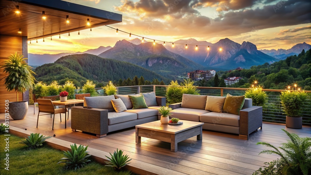 Modern Patio with Stunning Mountain View Bokeh Effect Stock Photo