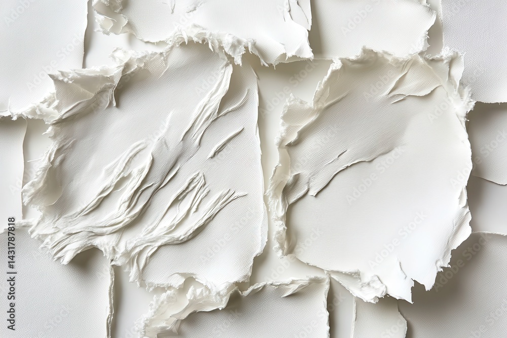 Obraz premium Abstract textured white paper collage. Intricate patterns created by torn and sculpted sheets of white material. Delicate, almost organic forms. A minimalist aesthetic