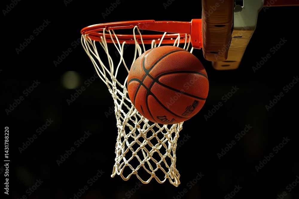 Basketball falling into hoop net mid-shot Basketball falling into hoop net mid-shot