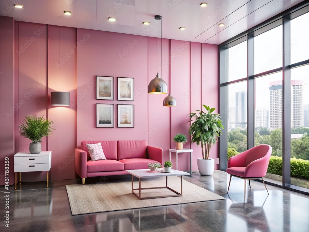 Fototapeta premium Modern Small Luxury Office Lobby with Rose Pink Furniture & Large Window