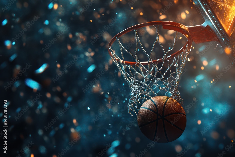 Basketball falling into hoop net mid-shot Basketball falling into hoop net mid-shot