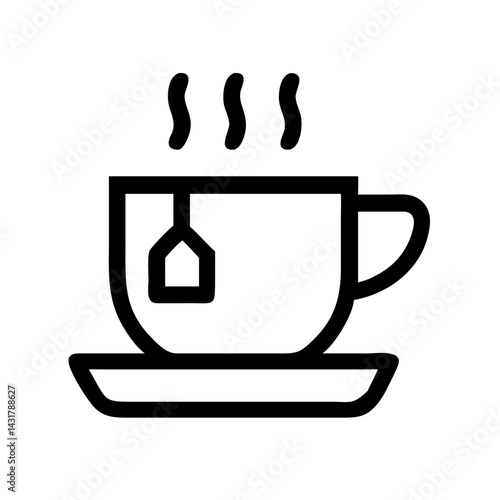 Black outline icon of a steaming teacup on a saucer with a tea bag. Simple flat design symbol for beverage or cafe concept on transparent background