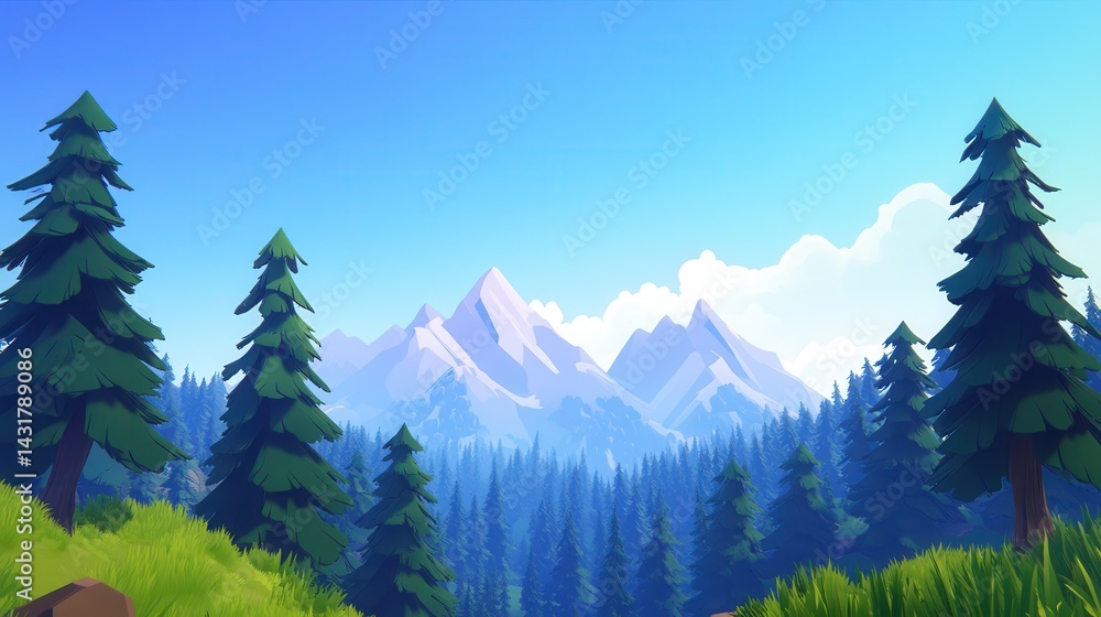 Serene mountain landscape with lush green trees under a clear blue sky and distant peaks