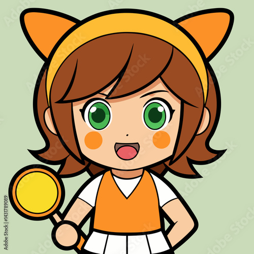 vector cartoon girl with orange cat ears headband holding a yellow lollipop. Charming anime style portrait for kids entertainment and educational content