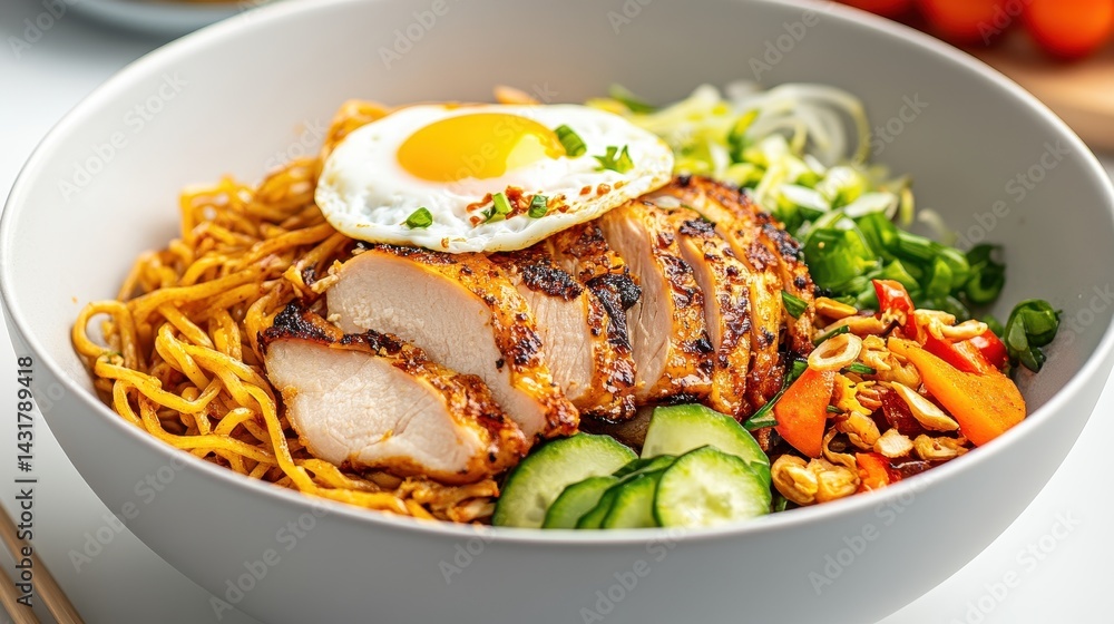 Delicious bowl of grilled chicken with fried egg, vegetables, and noodles on a bright kitchen counter Delicious bowl of grilled chicken with fried egg, vegetables, and noodles on a bright kitchen counter