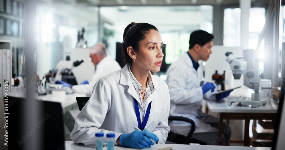 Research, science and woman in lab, computer and healthcare with medical experiment. People, employee and expert in workplace, pc or biotechnology with scientists, email for results or vaccine report