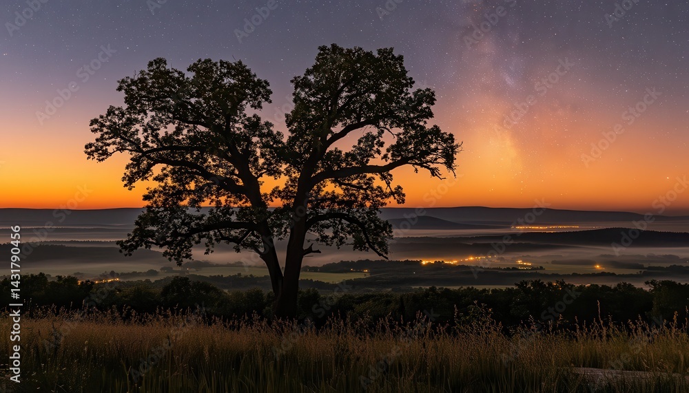 Obraz premium Silhouetted tree at dawn over misty valley
