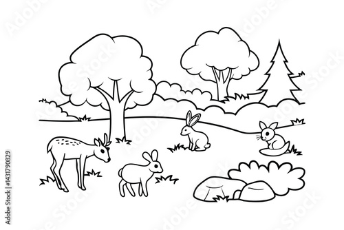 Forest animals outline illustration with deer rabbits and trees black and white coloring page for kids