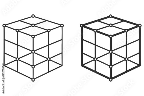 Two Geometric Black Cubes on White Wireframe Structures with Circular Nodes