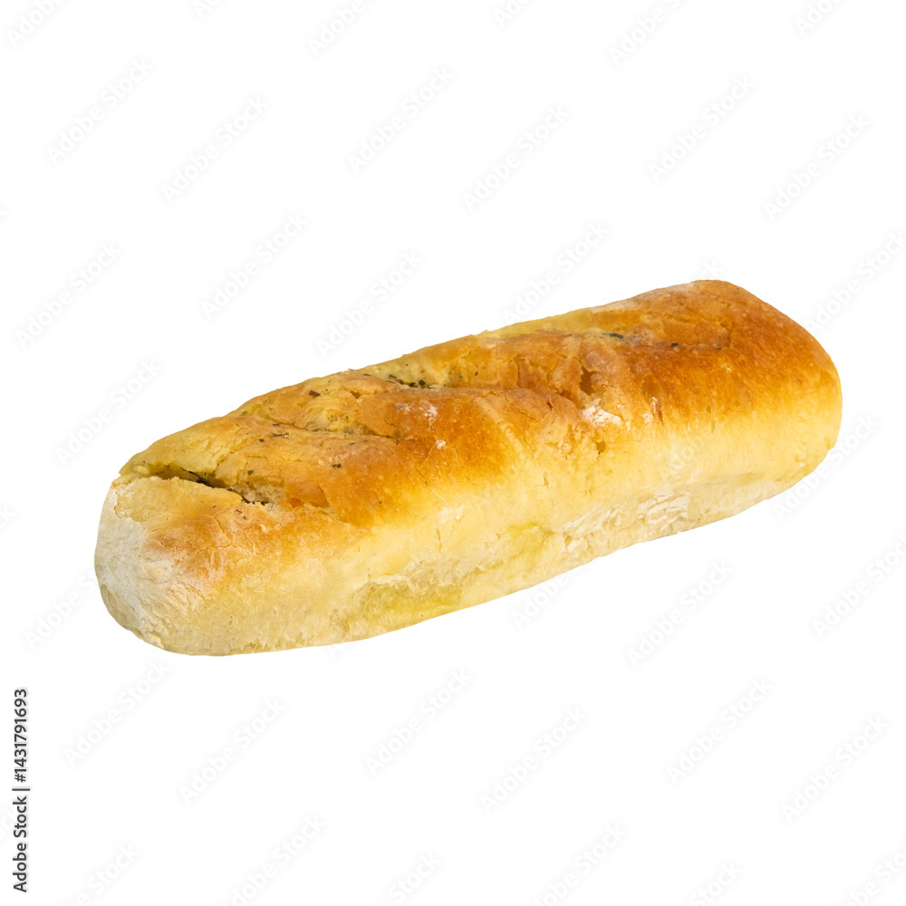Soft garlic baguette loaf isolated on white background. Freshly baked garlic bread with golden crust and cuts. Soft garlic baguette loaf isolated on white background. Freshly baked garlic bread with golden crust and cuts.