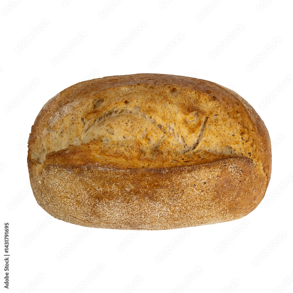 Whole grain artisan bread loaf isolated on white background. Healthy rustic bakery bread with textured crust. Whole grain artisan bread loaf isolated on white background. Healthy rustic bakery bread with textured crust.
