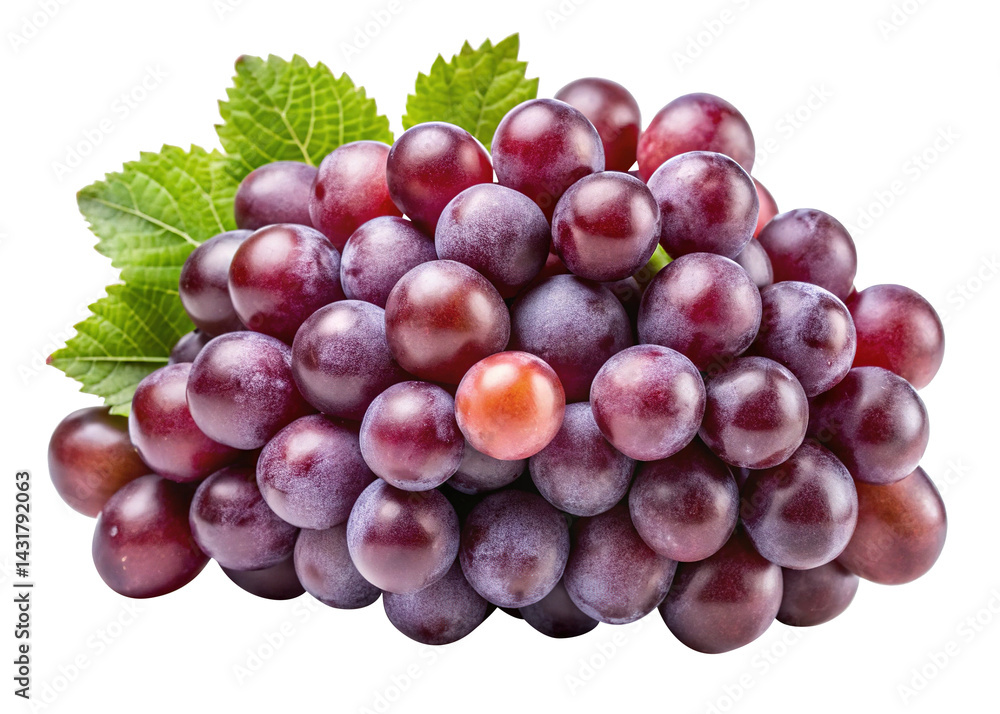 Fototapeta premium Beautiful bunch of fresh red grapes with leaves against a Trensprent Background png