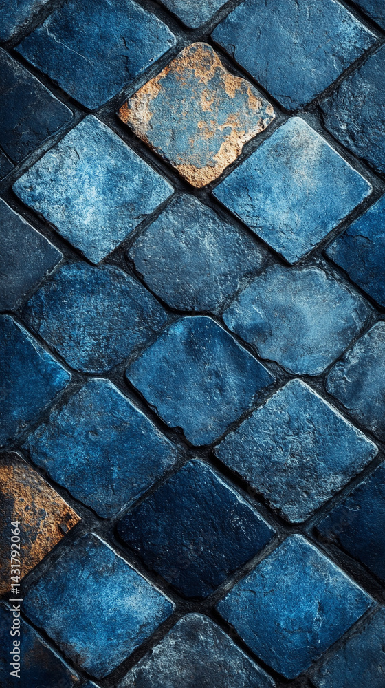 Fototapeta premium Dark blue 3D vintage lozenge motif tiles form a worn, marbled cement wall. The repeating diamond pattern evokes resilience, timeless elegance, and old-world craftsmanship.