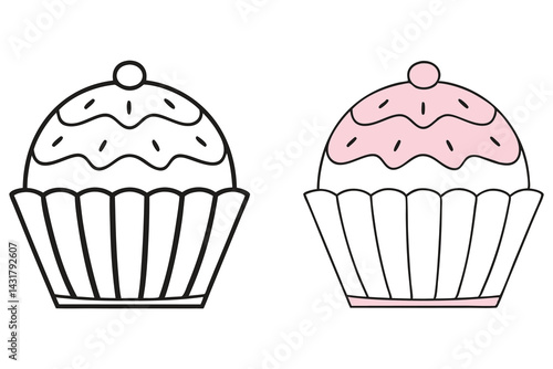 Two Cupcakes with Sprinkles, Black Outline and Pink Frosted, Isolated on White