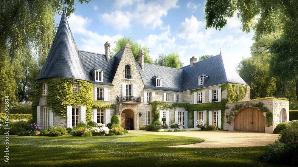 Fototapeta premium A grand, stately, European-style home nestled in a lush garden