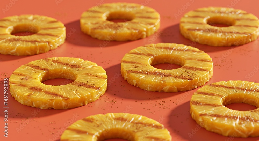 Grilled pineapple rings displayed on orange background with grill marks Grilled pineapple rings displayed on orange background with grill marks