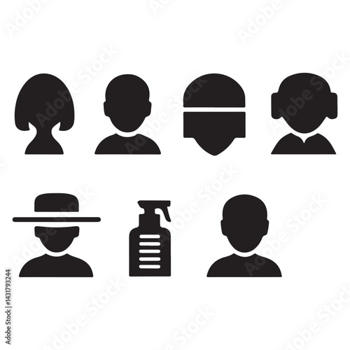 Collection of Black Silhouette Icons Representing People Clothing and Buildings
