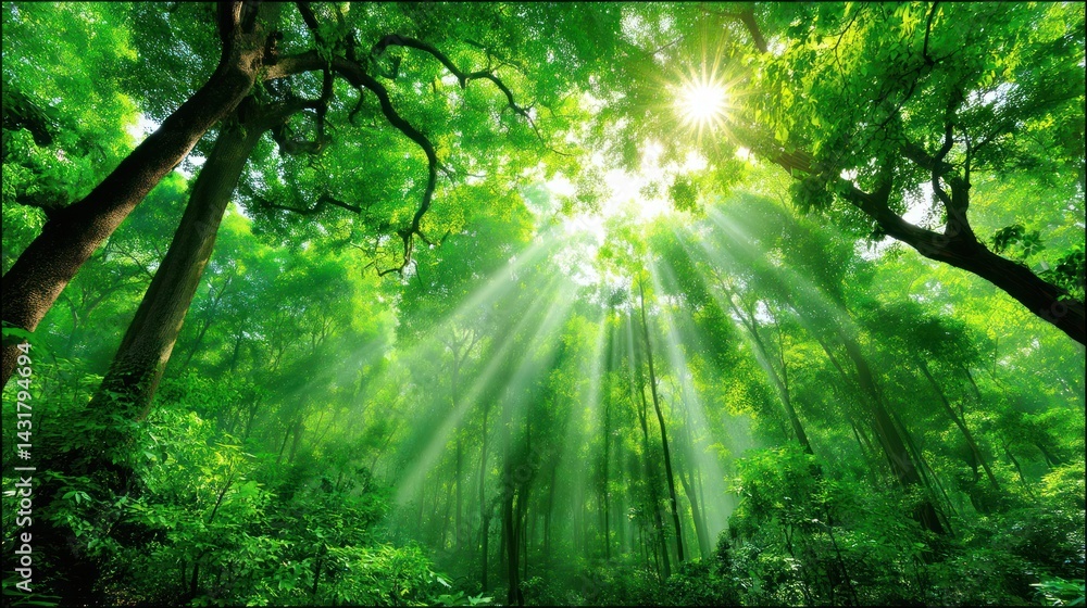 Obraz premium Lush forest canopy, sunlight filtering through