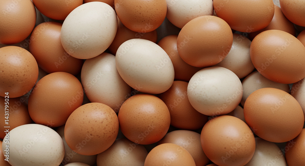 Close-up of a pile of fresh brown and white eggs, ideal for food, farming, and healthy eating themes. Close-up of a pile of fresh brown and white eggs, ideal for food, farming, and healthy eating themes.