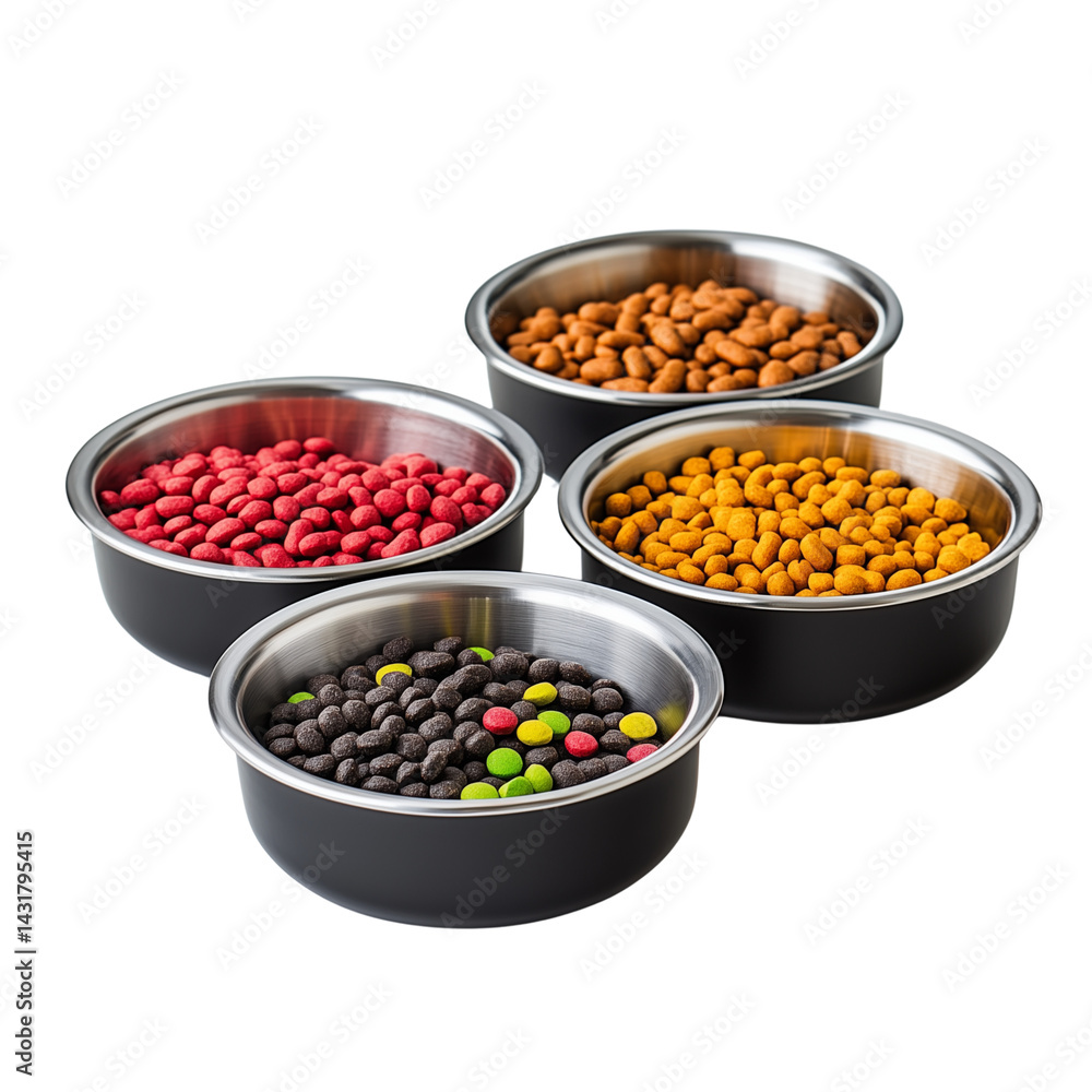 Ceramic bowls filled with colorful and nutritious cat food pellet isolated on transparent background Ceramic bowls filled with colorful and nutritious cat food pellet isolated on transparent background