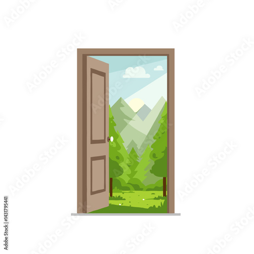 Open door to nature concept, view of green forest and mountains symbolizing the eco-path and sustainability