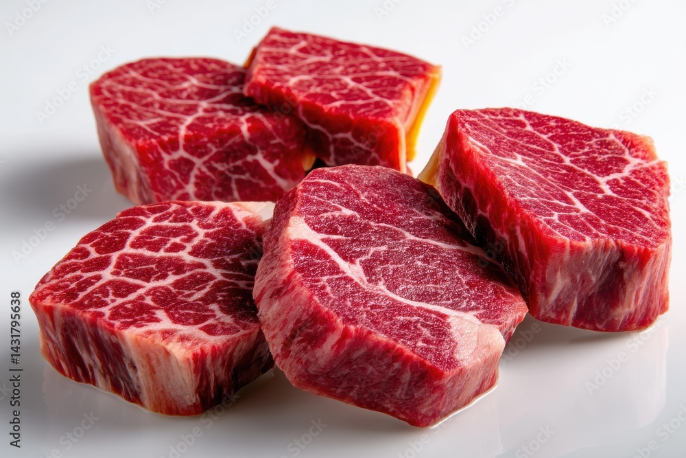Fototapeta premium Discover the rich marbling of Wagyu beef steak sliced and resting on a clean white surface, ideal for culinary enthusiasts