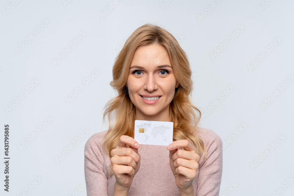 Smiling happy woman female manager in casual showing presenting using hold in hands mock up of credit bank card for online payment isolated on white background. Technology banking concept Smiling happy woman female manager in casual showing presenting using hold in hands mock up of credit bank card for online payment isolated on white background. Technology banking concept