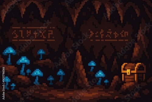 Pixel art depicting glowing blue mushrooms illuminating a dark mystical cave with a treasure chest and inscriptions
