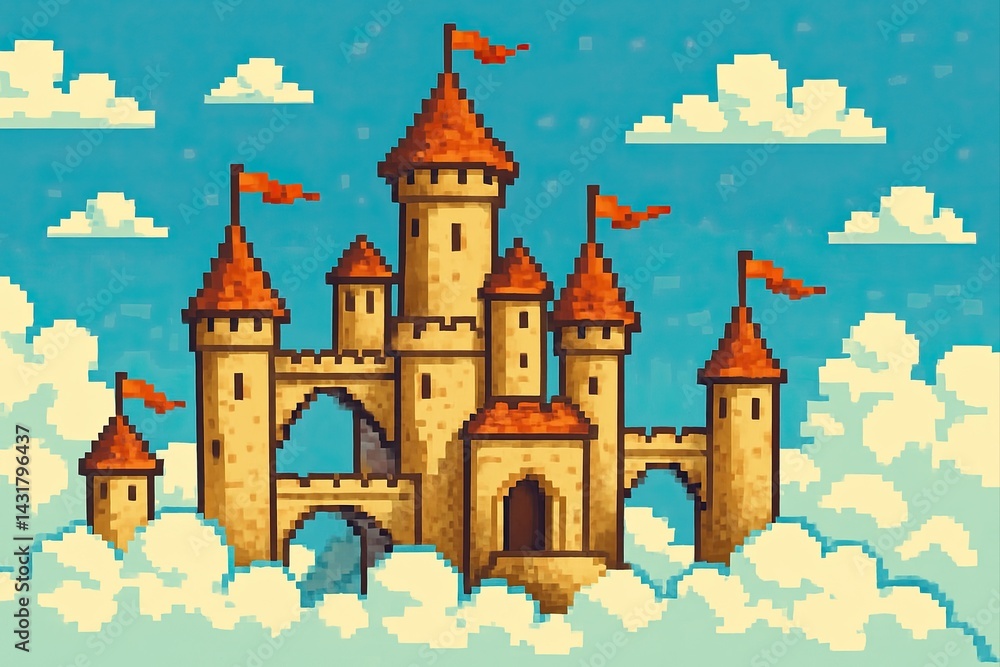 Medieval castle floating in the clouds in pixel art style with red flags waving in the wind