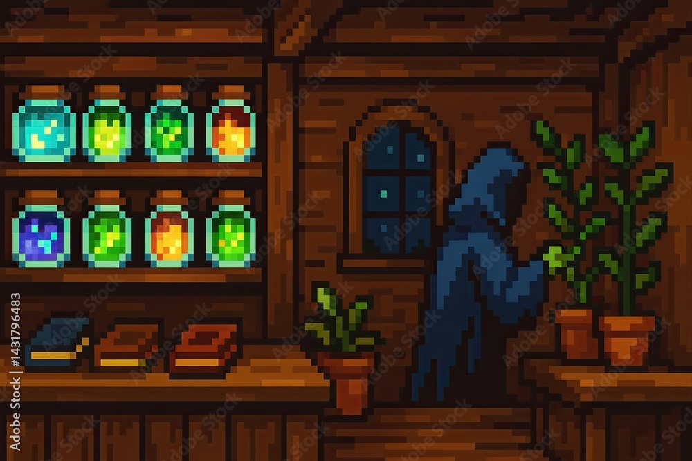Wizard preparing magic potion in his pixel art shop at night