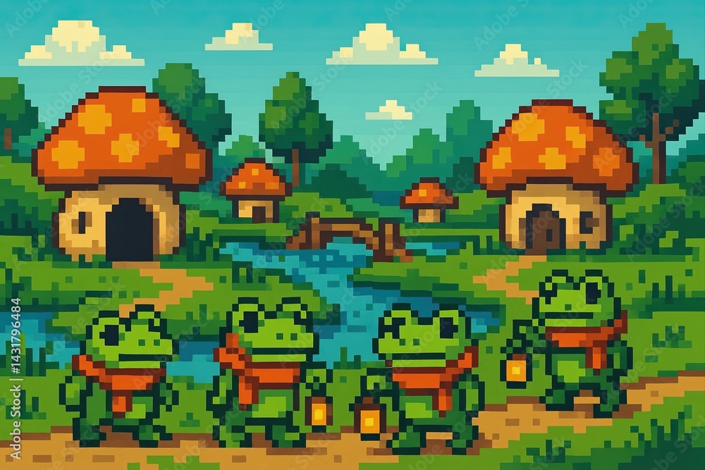 Four pixel art frogs are walking through a magical mushroom village at sunset, carrying lanterns and wearing scarves