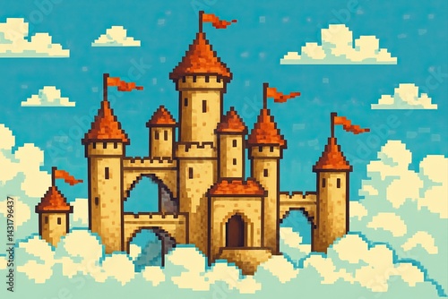 Obraz na płótnie Medieval castle floating in the clouds in pixel art style with red flags waving in the wind w salonie
