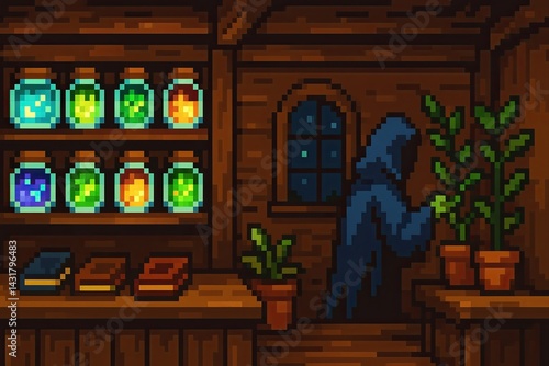 Obraz na płótnie Wizard preparing magic potion in his pixel art shop at night w salonie