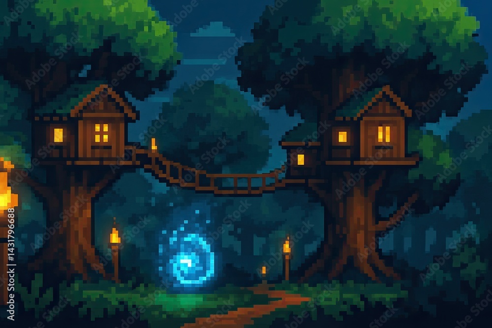 Pixel art depicting two tree houses connected by a rope bridge in a forest illuminated by torches and a magic portal