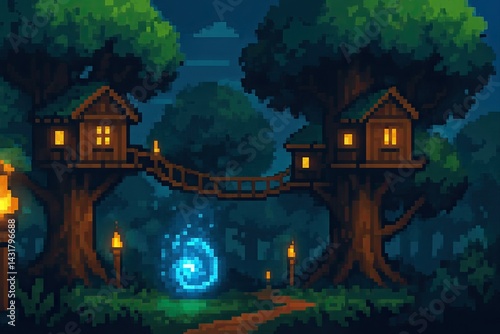 Obraz na płótnie Pixel art depicting two tree houses connected by a rope bridge in a forest illuminated by torches and a magic portal w salonie