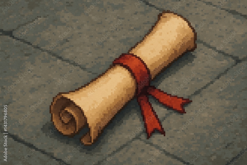 Retro pixel art illustration of a rolled up scroll tied with a red ribbon lying on a stone floor