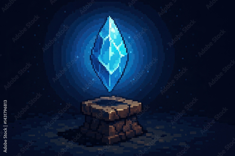 Magical glowing blue crystal levitates over a stone pedestal in a dark mysterious environment, pixel art style