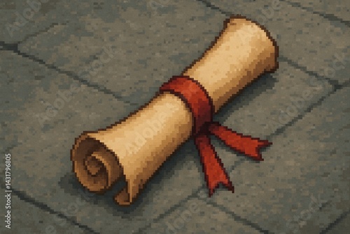 Obraz na płótnie Retro pixel art illustration of a rolled up scroll tied with a red ribbon lying on a stone floor w salonie
