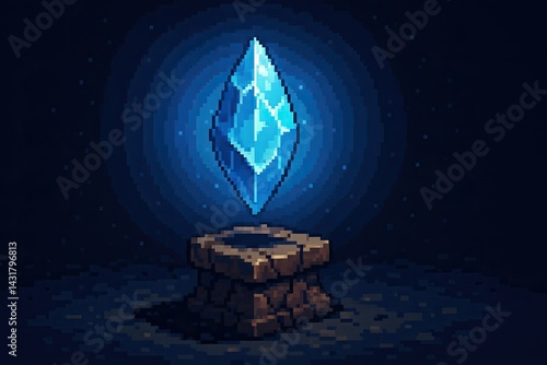 Obraz na płótnie Magical glowing blue crystal levitates over a stone pedestal in a dark mysterious environment, pixel art style w salonie