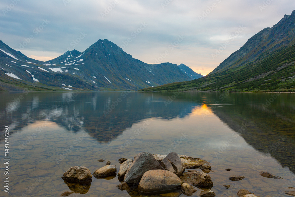 Summer landscape with mountains, Lake Hadata, Polar Urals, Yamal
