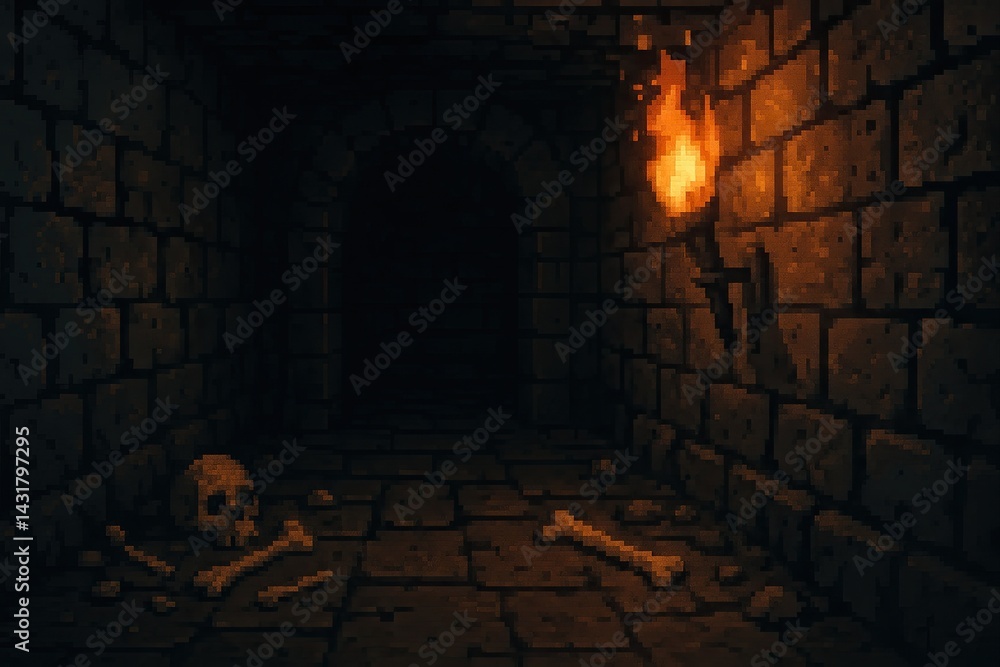 Spooky pixel art dungeon corridor illuminated by wall torch with skull and bones on the floor