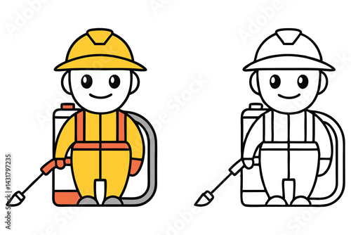 Worker Character with Hat Holding Sprayer Device, Agricultural Pest Control Icon