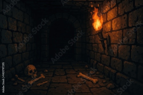 Obraz na płótnie Spooky pixel art dungeon corridor illuminated by wall torch with skull and bones on the floor w salonie
