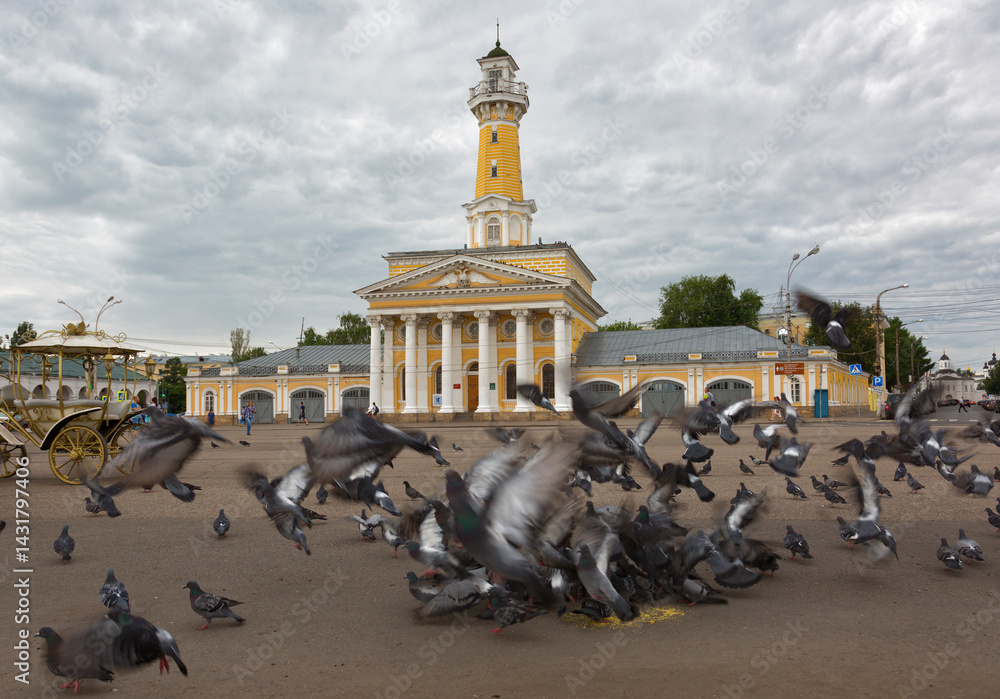 RUSSIA, KOSTROMA - JUNE 27.2017: Old fire-tower and a flock of pigeons