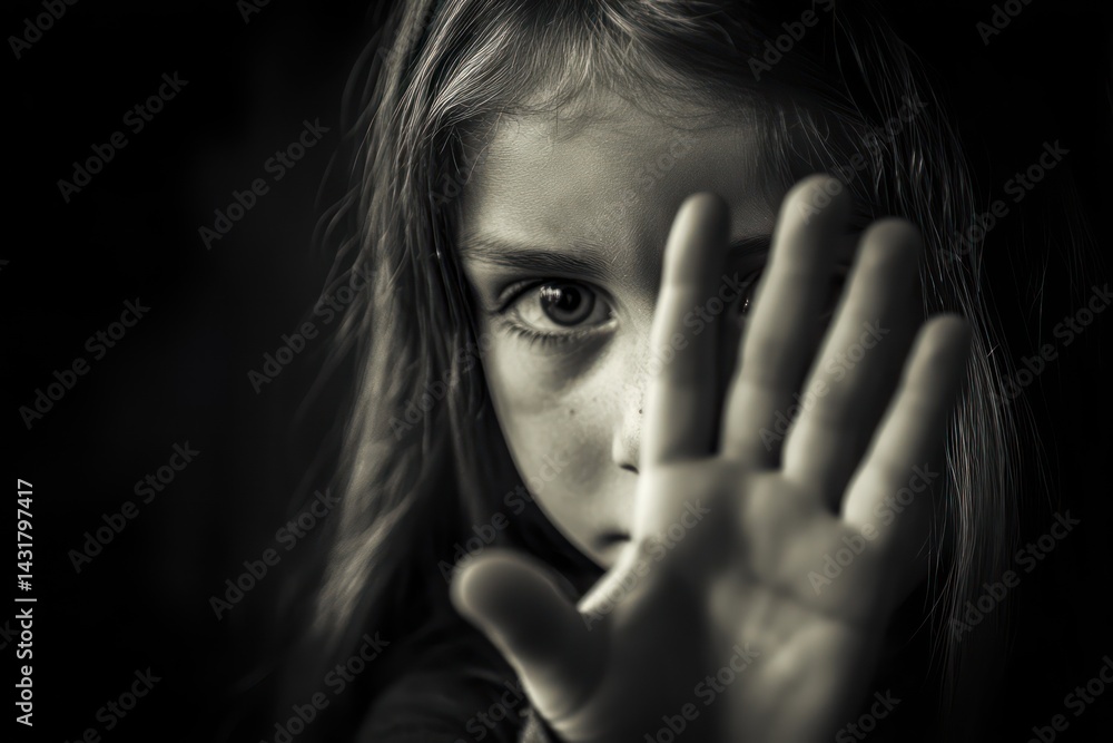 Frightened girl raises hand in stop gesture Frightened girl raises hand in stop gesture