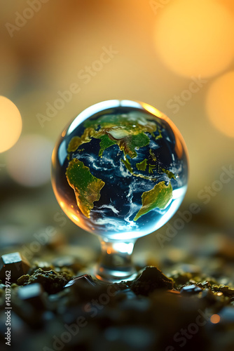 Glass Water Droplet with Earth Reflections | Beautiful Earth Drop in Focus
