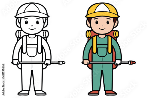 Cartoon Asian Worker Standing with Equipment Line Art and Colored Cartoon